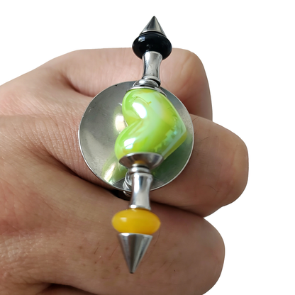 Handmade Green Heart Stainless Steel Spike Statement Ring with Resin Spacers