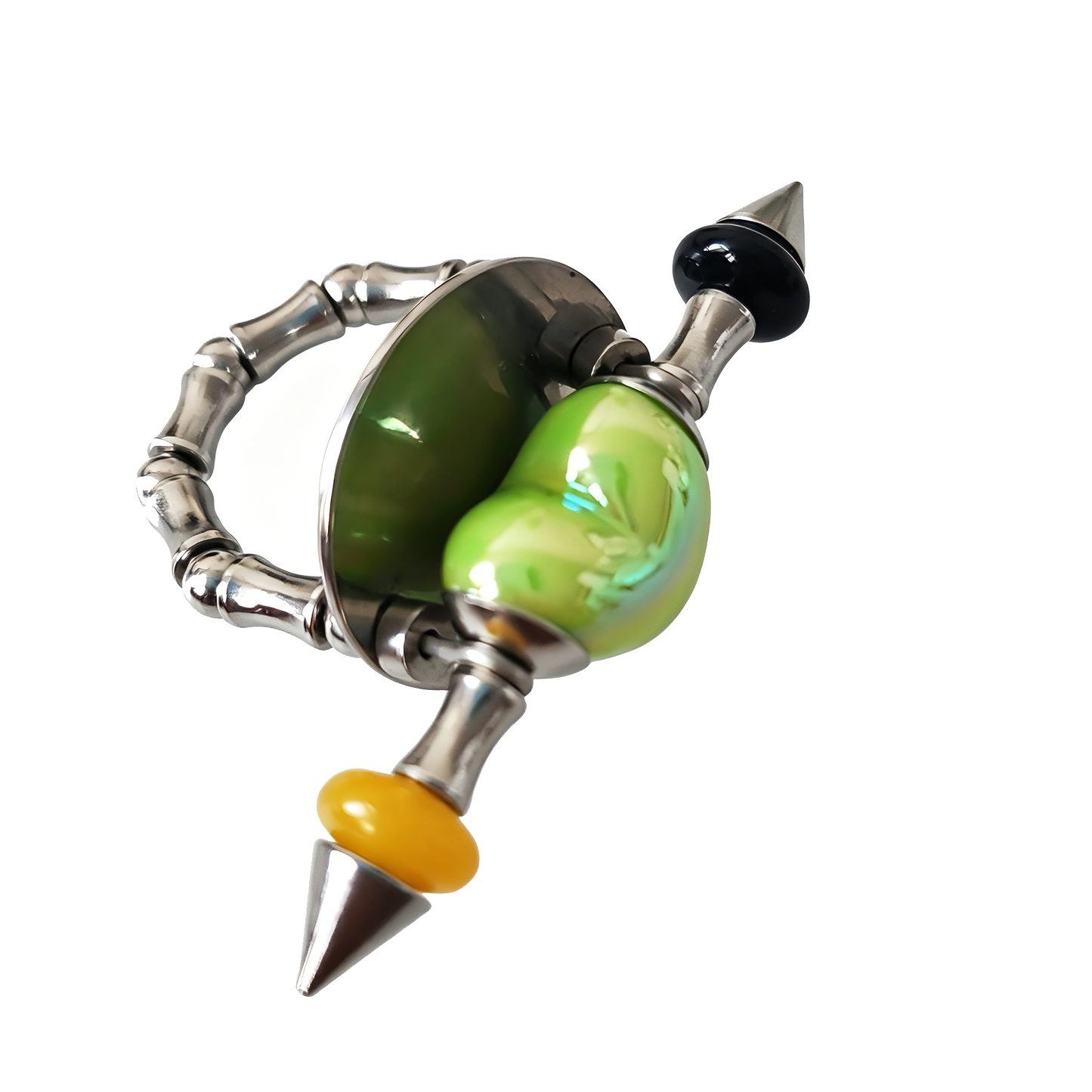 Handmade Green Heart Stainless Steel Spike Statement Ring with Resin Spacers