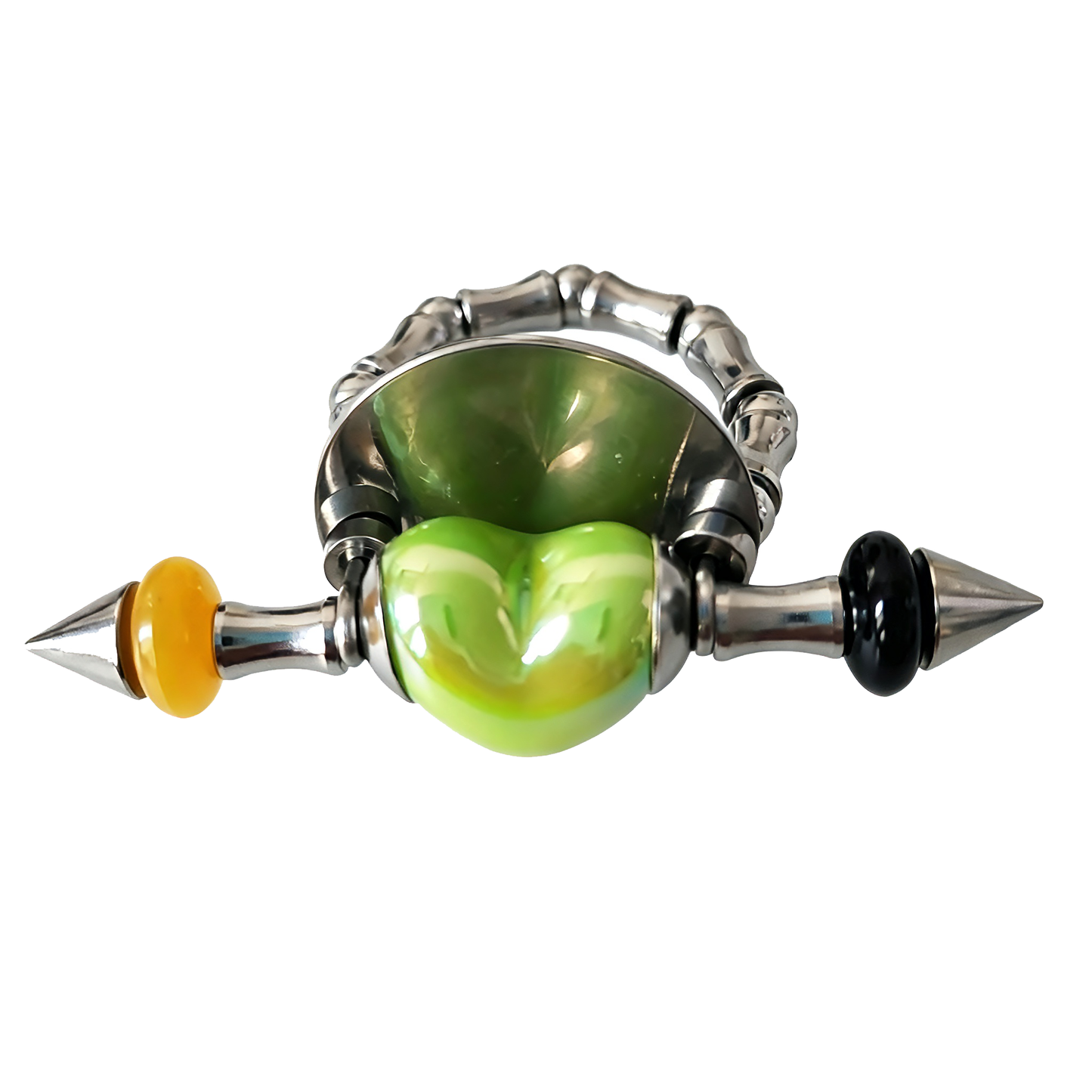 Handmade Green Heart Stainless Steel Spike Statement Ring with Resin Spacers