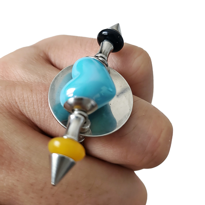 Handmade Sky-Blue Heart Stainless Steel Spike Statement Ring with Resin Spacers