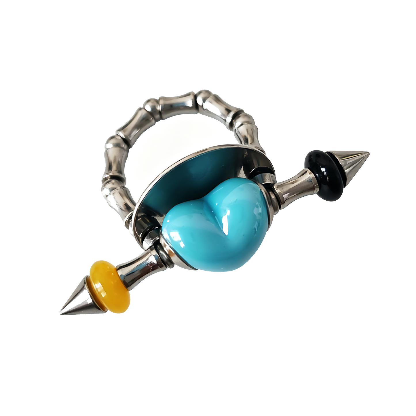 Handmade Sky-Blue Heart Stainless Steel Spike Statement Ring with Resin Spacers