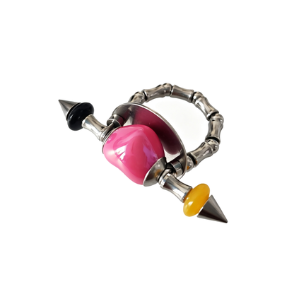 Handmade Rose-Red Heart Stainless Steel Spike Statement Ring with Resin Spacers