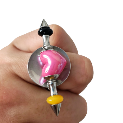 Handmade Rose-Red Heart Stainless Steel Spike Statement Ring with Resin Spacers