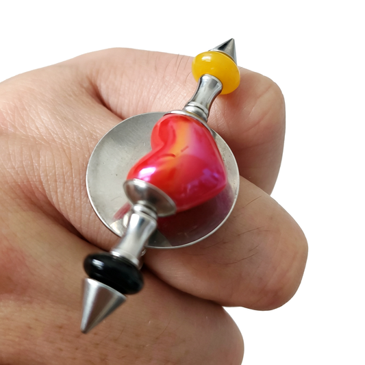 Handmade Red Heart Stainless Steel Spike Statement Ring with Resin Spacers