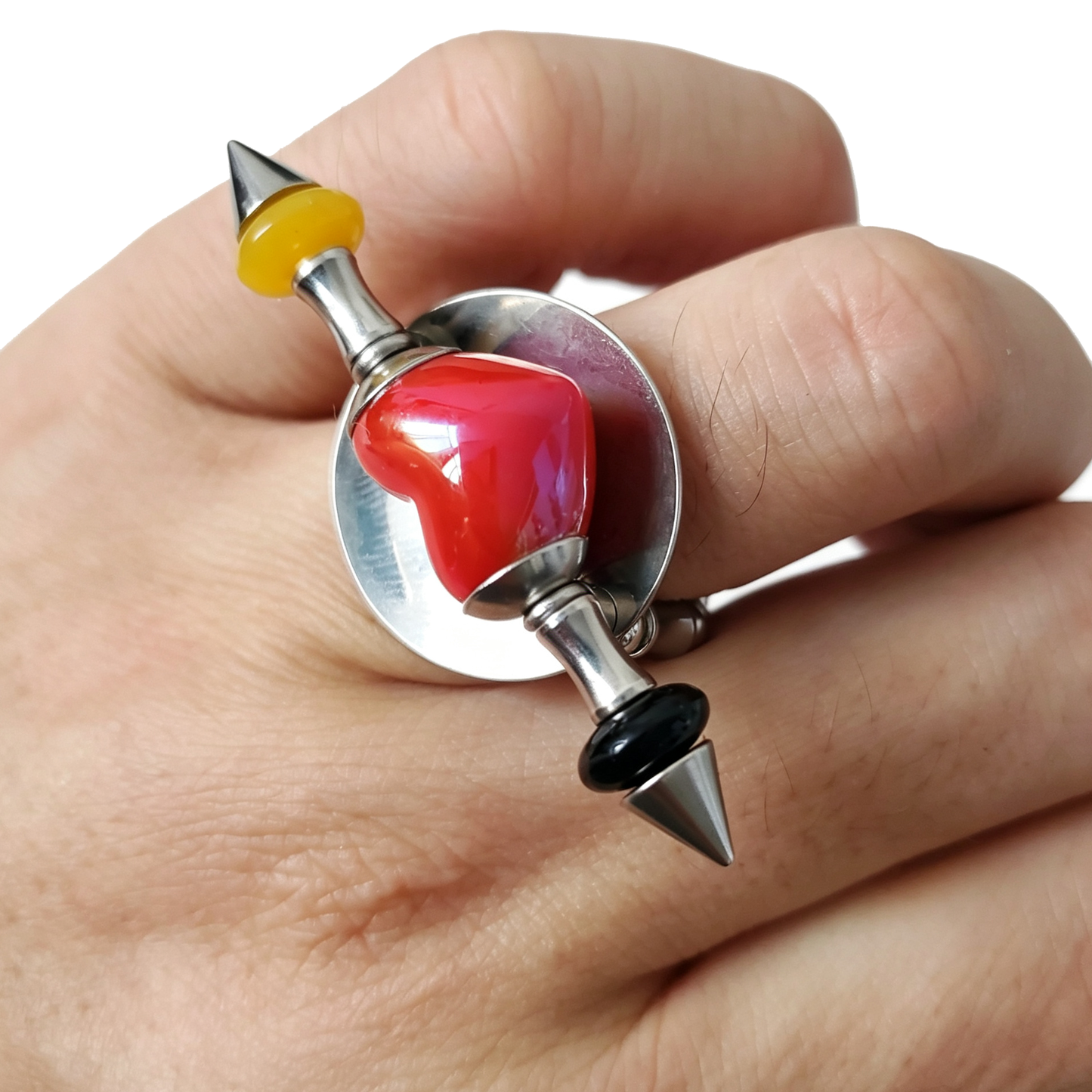 Handmade Red Heart Stainless Steel Spike Statement Ring with Resin Spacers