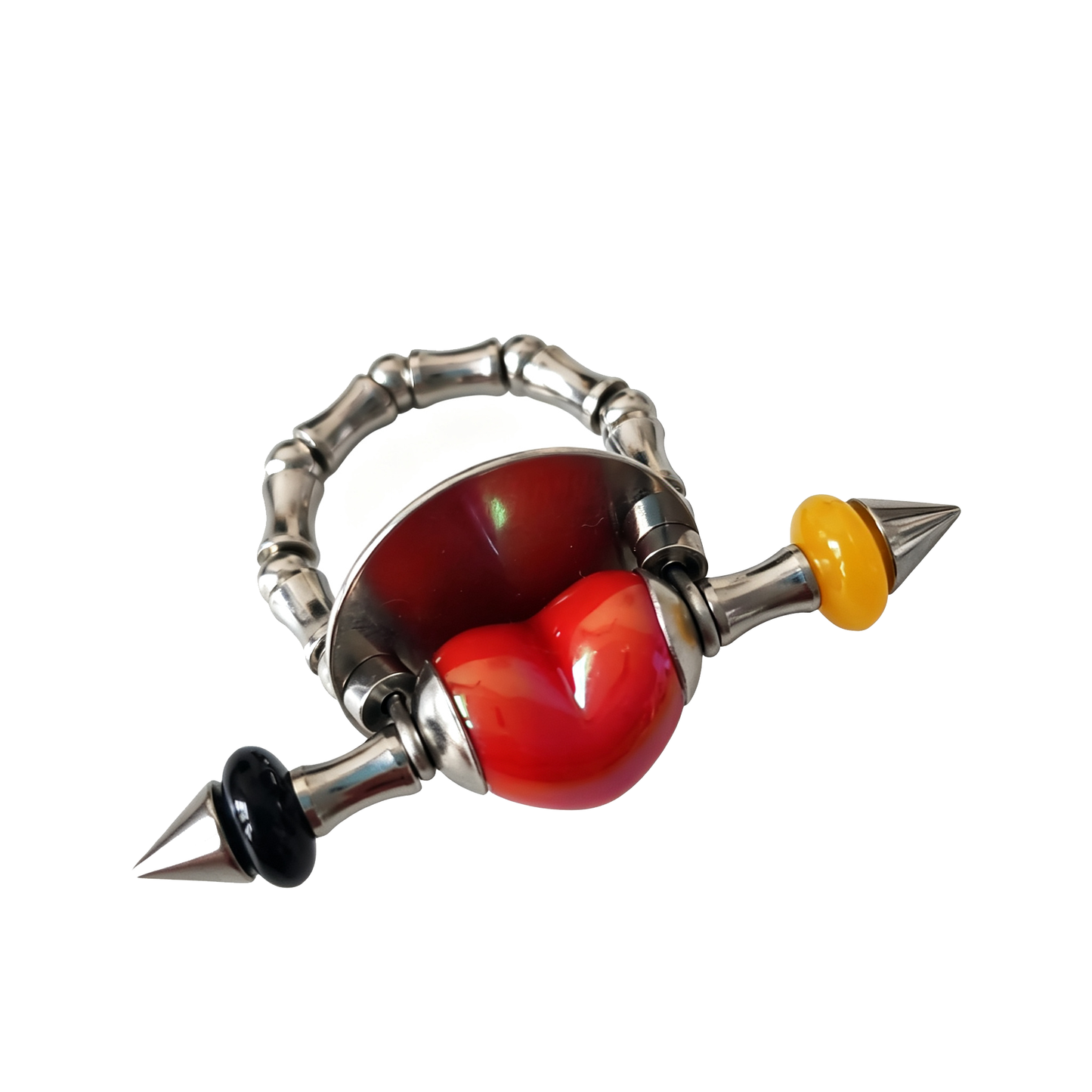 Handmade Red Heart Stainless Steel Spike Statement Ring with Resin Spacers
