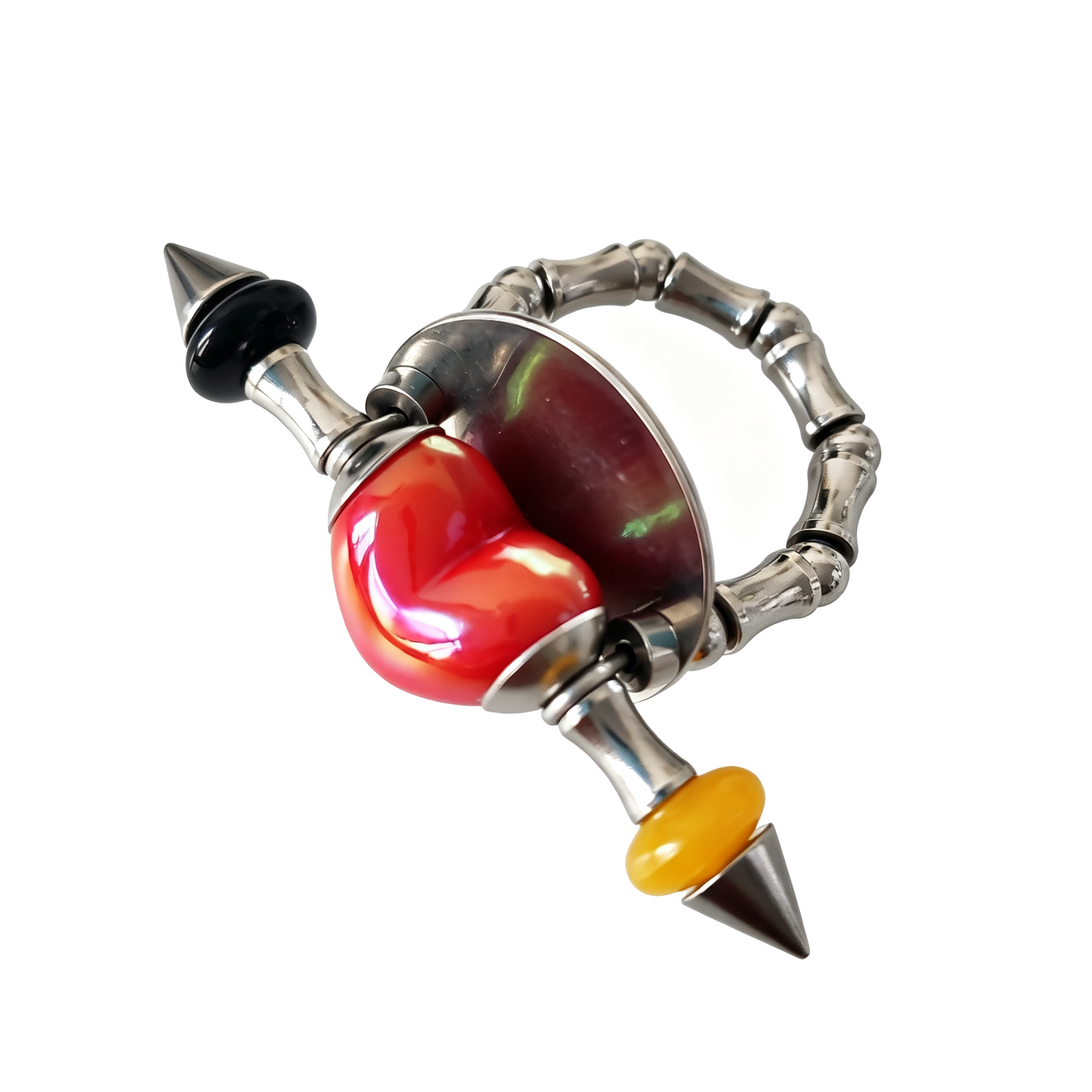 Handmade Red Heart Stainless Steel Spike Statement Ring with Resin Spacers