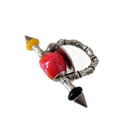 Handmade Red Heart Stainless Steel Spike Statement Ring with Resin Spacers