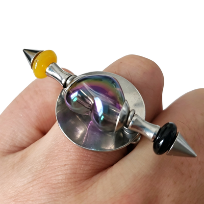 Handmade Transparent Iridescent Black Heart Stainless Steel Spike Statement Ring with Resin Spacers
