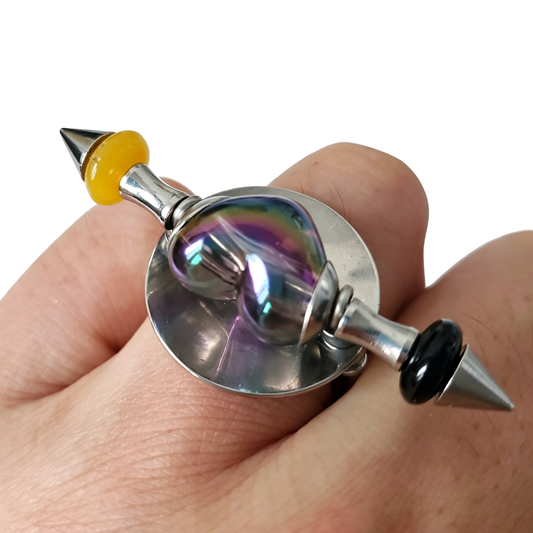 Handmade Transparent Iridescent Black Heart Stainless Steel Spike Statement Ring with Resin Spacers