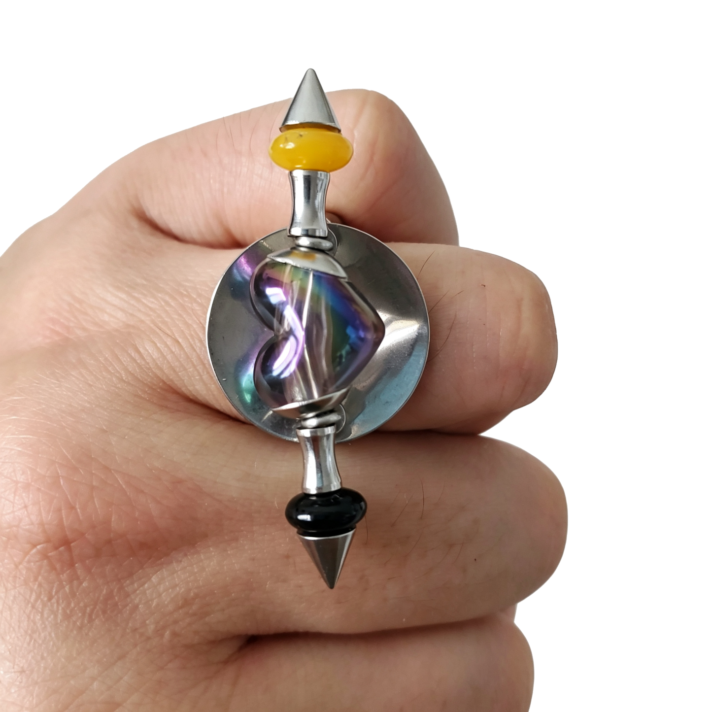 Handmade Transparent Iridescent Black Heart Stainless Steel Spike Statement Ring with Resin Spacers