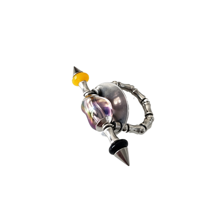 Handmade Transparent Iridescent Black Heart Stainless Steel Spike Statement Ring with Resin Spacers