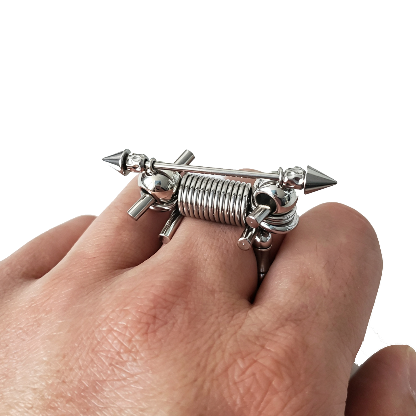 Handmade Stainless Steel Spike Adjustable Size Ring Coil Spring Silver UV Beads Punk Goth Jewel for Unisex