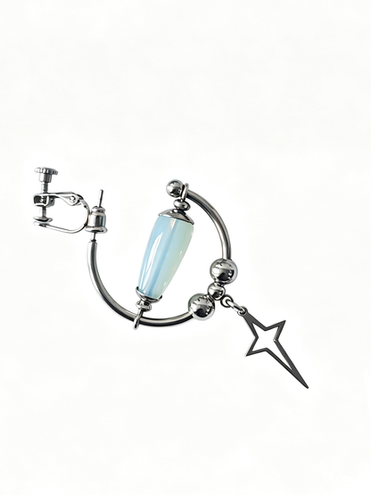 Handmade Stainless Steel Clip‑On Earring, Glass Teardrop Bead Star Pendant Gothic Clip‑on earring Jewelry