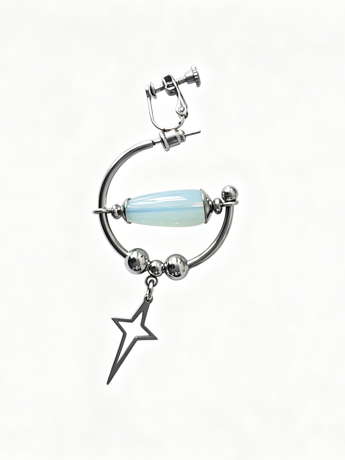 Handmade Stainless Steel Clip‑On Earring, Glass Teardrop Bead Star Pendant Gothic Clip‑on earring Jewelry