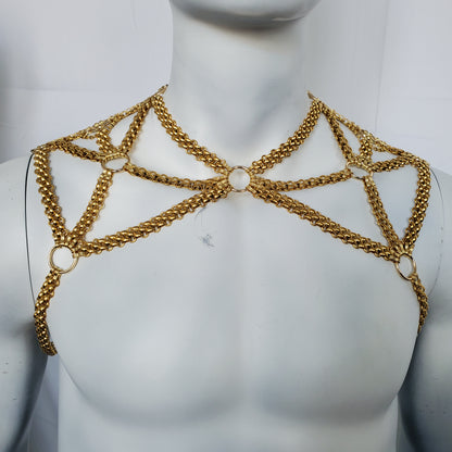 Rave Men Gold Body Shoulder Chain Harness, Burning Man Festival Rave Body Chain Outfits