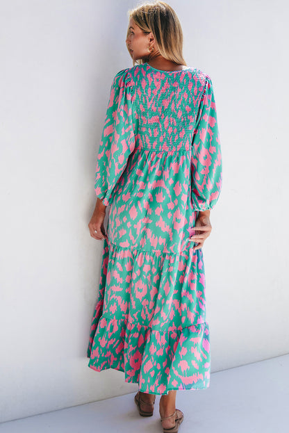 Sky Blue Abstract Print Puff Sleeve Tied Notched Neck Long Dress