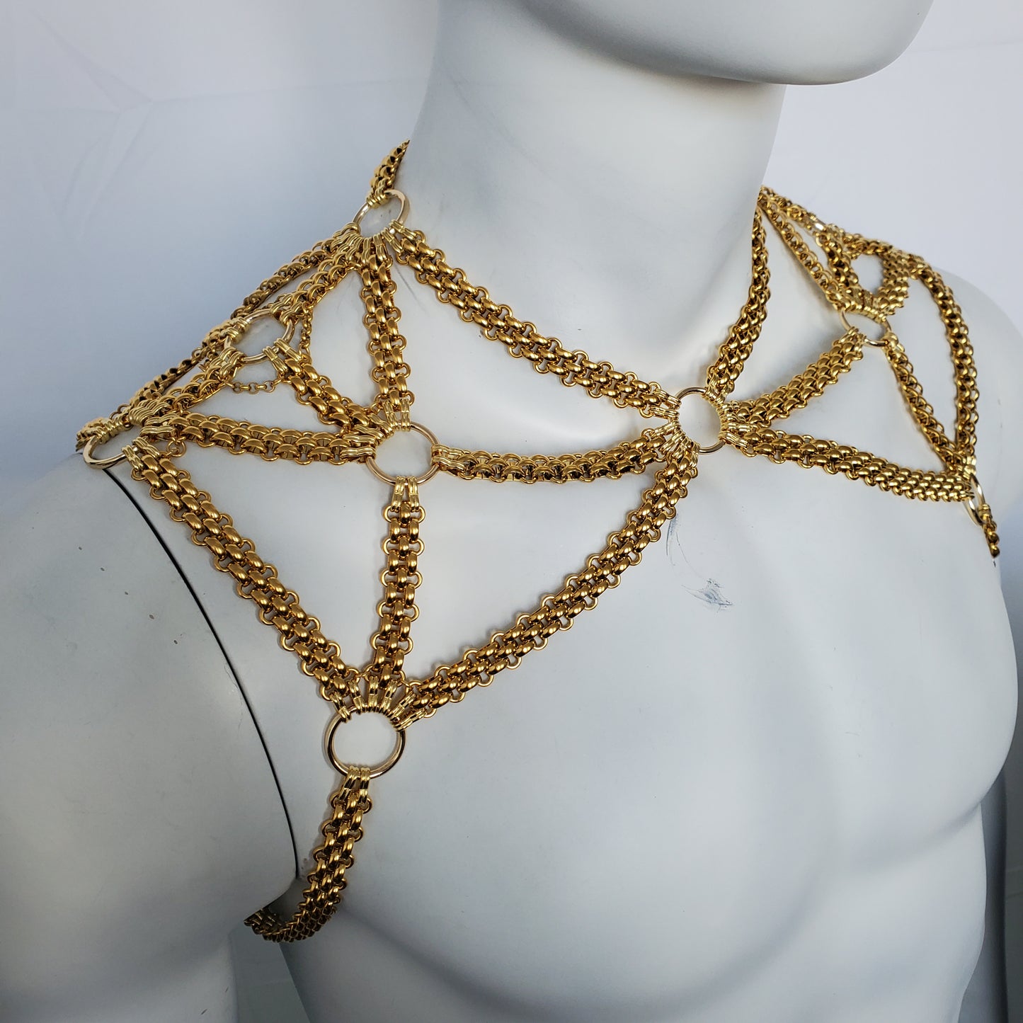 Rave Men Gold Body Shoulder Chain Harness, Burning Man Festival Rave Body Chain Outfits