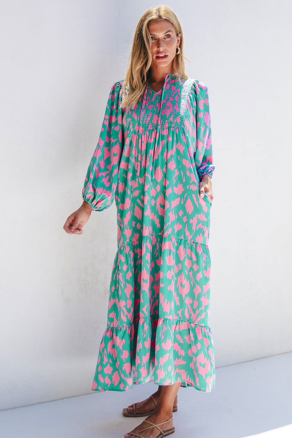 Sky Blue Abstract Print Puff Sleeve Tied Notched Neck Long Dress