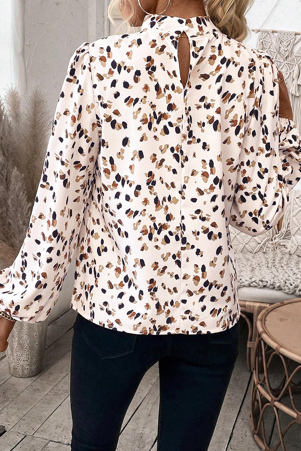 White Leopard Print Lantern Sleeve Mock Neck Pleated Blouse Top of Women