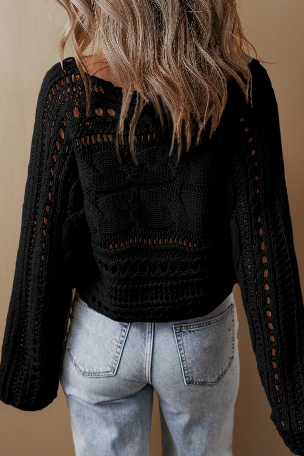 Black Hollow-out Cable Knit Cropped Sweater Top for Women