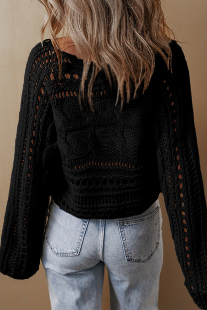 Black Hollow-out Cable Knit Cropped Sweater Top for Women