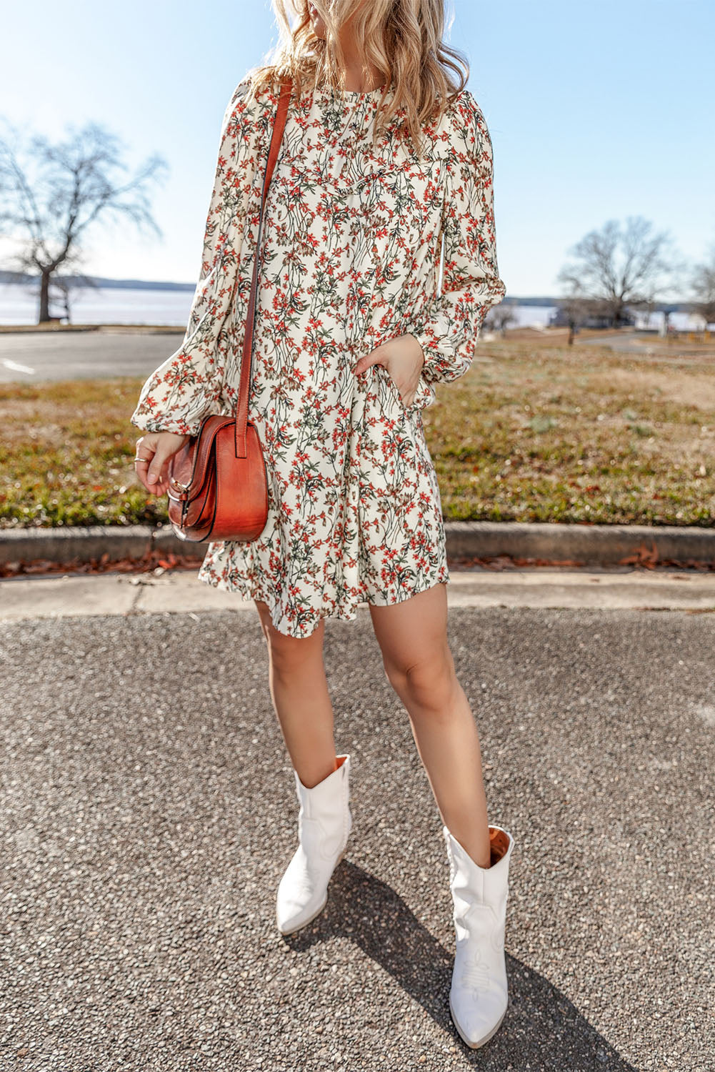 White Floral Printed Long Sleeve Mini Dress