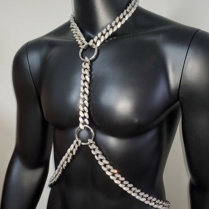 Mann Körper Silber Strass Kette, Männer Körper Kette Geschirr, Brust Kette, Festival Outfits, Burning Man Outfits, Karneval Kostüme, Rave Outfit