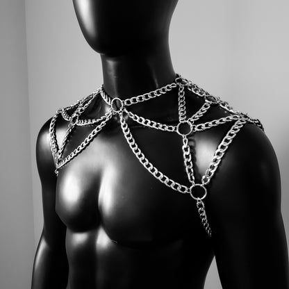 Rave Silver Men Body Chain Shoulder Chain Harness, Burning Man Festival Body Chain