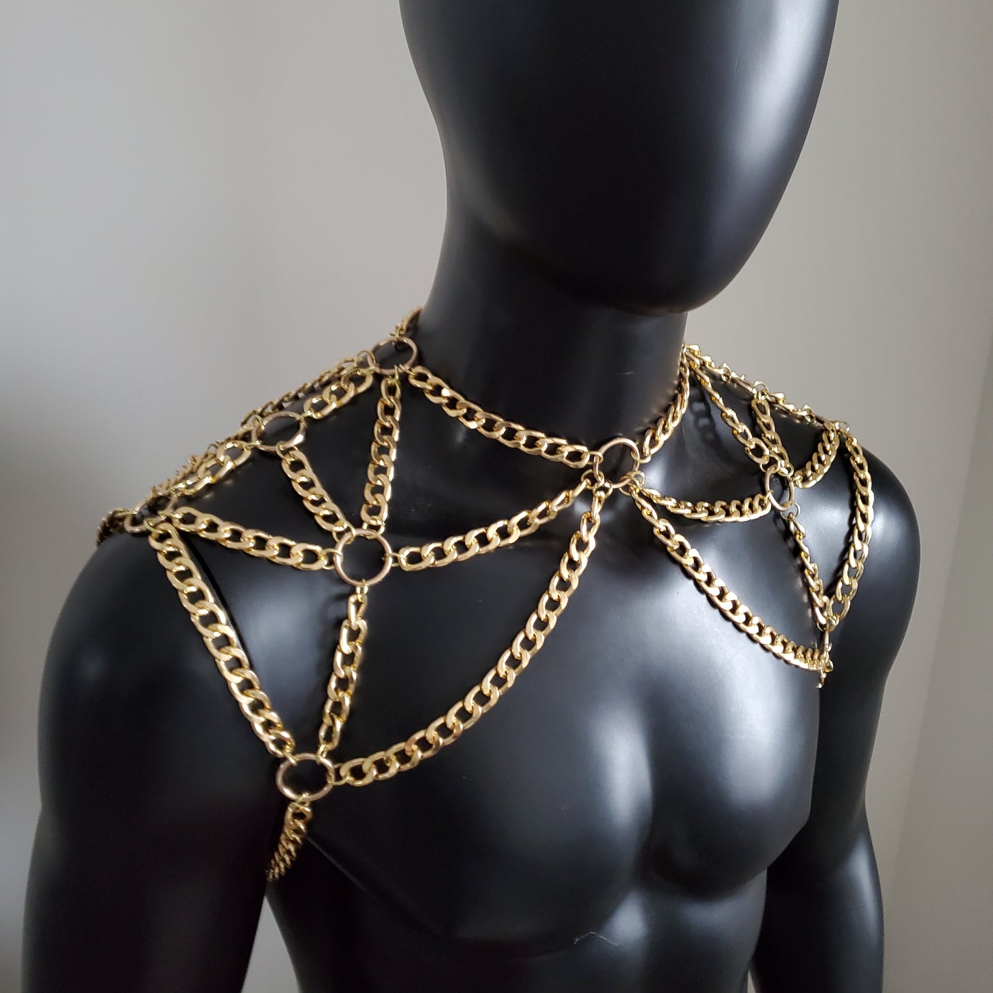 Rave Gold Men Body Shoulder Chain Harness, Burning Man Festival Body Chain Body Harness