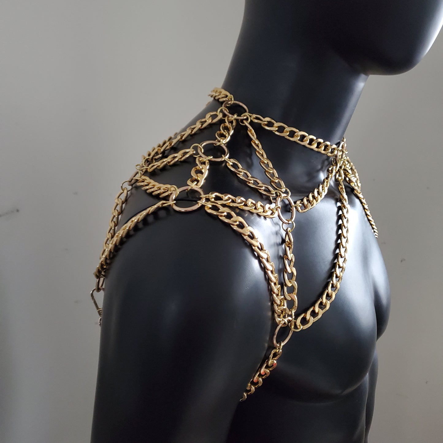 Rave Gold Men Body Shoulder Chain Harness, Burning Man Festival Body Chain Body Harness