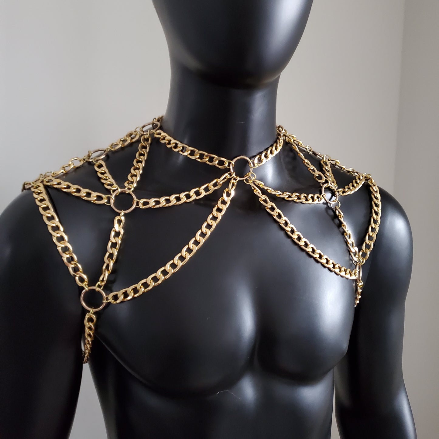 Rave Gold Men Body Shoulder Chain Harness, Burning Man Festival Body Chain Body Harness