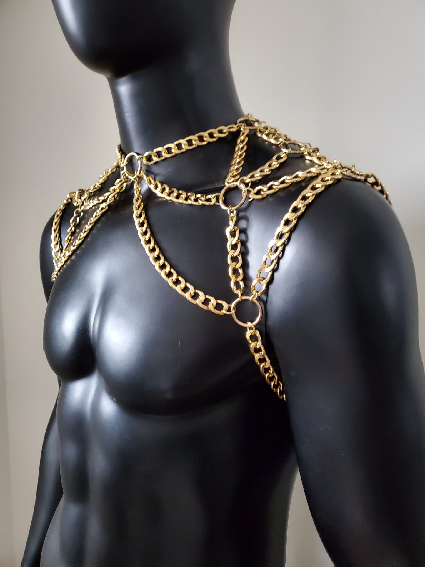 Rave Gold Men Body Shoulder Chain Harness, Burning Man Festival Body Chain Body Harness