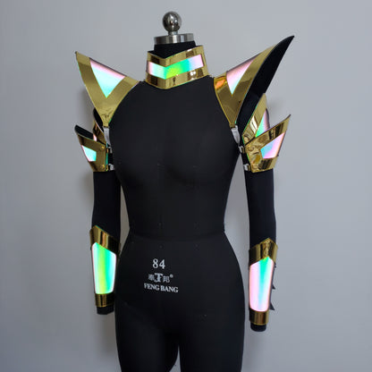 Burning Man Holographic Women Gold Edge Reflective Armor,Rave Carnival Festival Costumes Armor Outfits