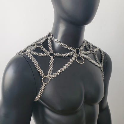 Rave Men Stainless Steel Chain Body Shoulder Chain Harness, Burning Man Festival Rave Body Chain Outfits