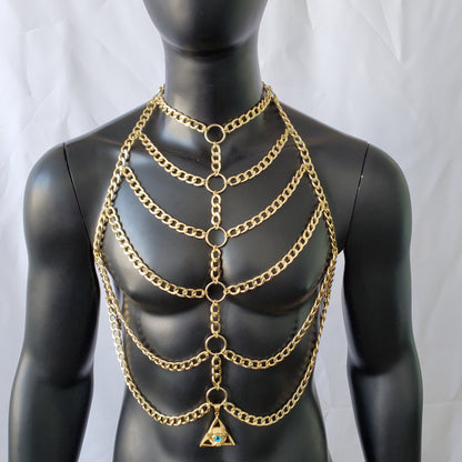 Rave Gold Man Body Chest Chain Harness, Music Festival Burning Man Rave Outfits