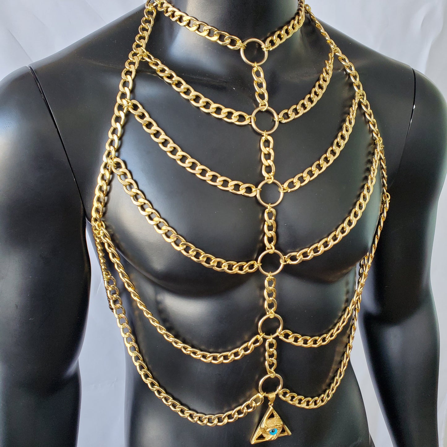 Rave Gold Man Body Chest Chain Harness, Music Festival Burning Man Rave Outfits