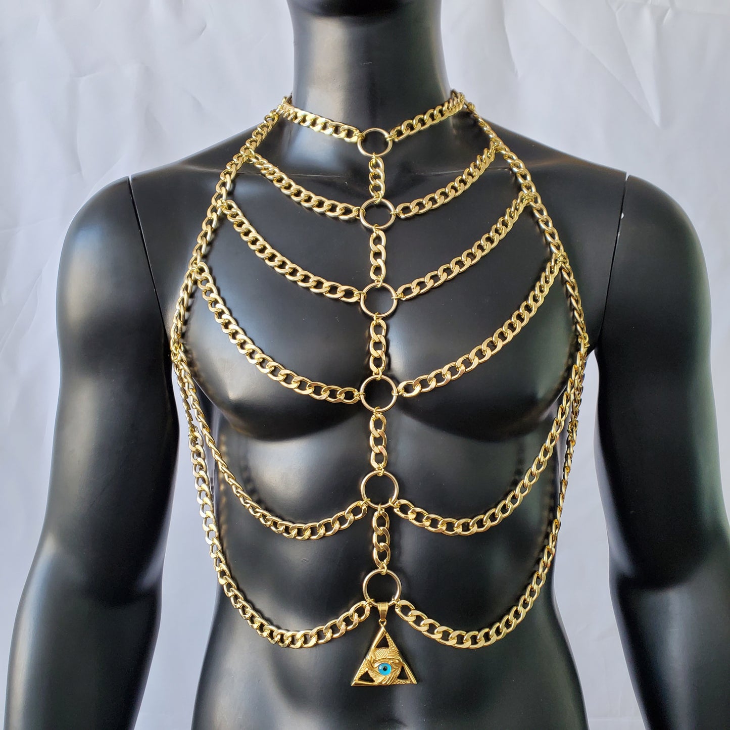 Rave Gold Man Body Chest Chain Harness, Music Festival Burning Man Rave Outfits