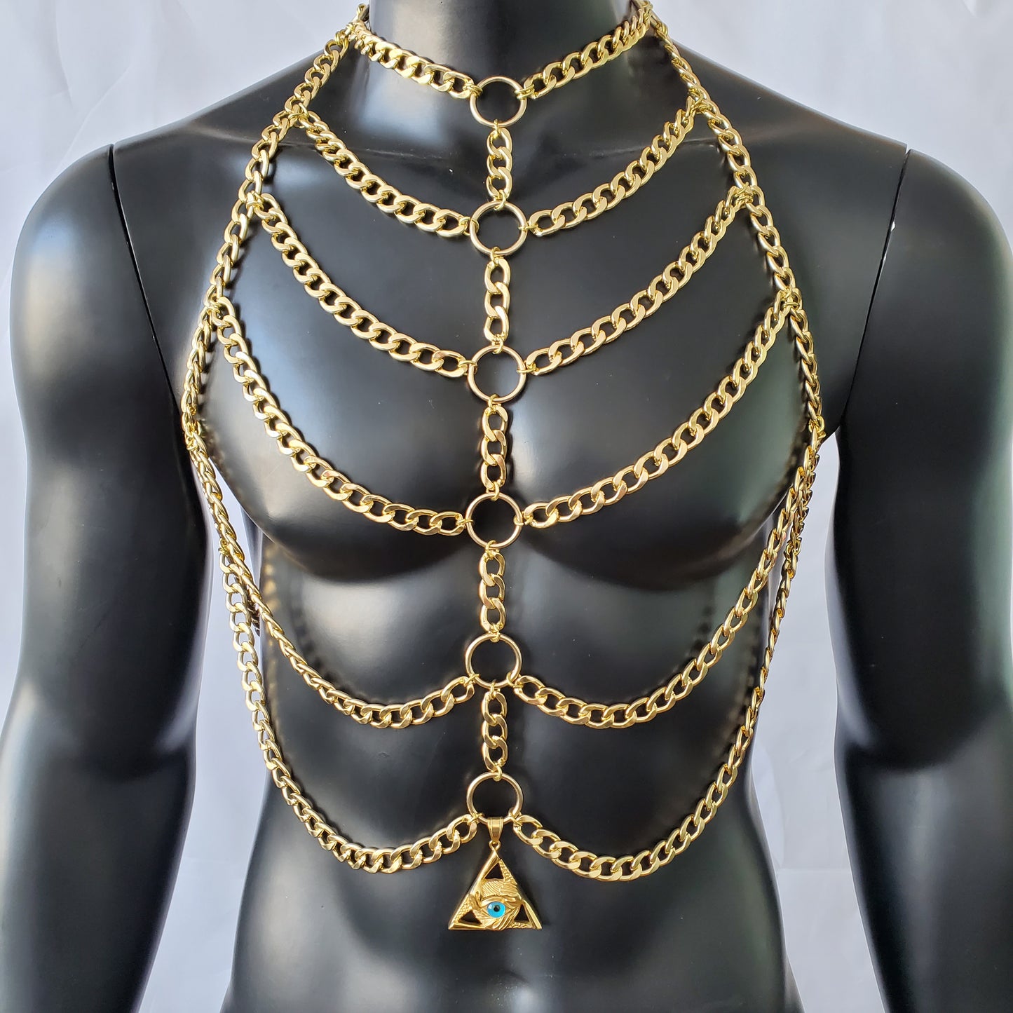 Rave Gold Man Body Chest Chain Harness, Music Festival Burning Man Rave Outfits