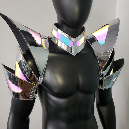 Burning Man Holographic Silver Edge Reflective Rave Arm & Shoulder Piece Armor EDM Festival Outfit