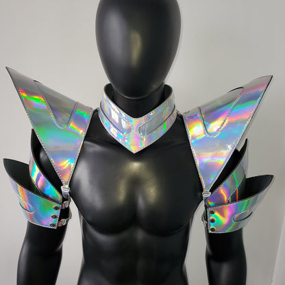 Burning Man Holographic Laser Silver Arm & Shoulder Piece Armor EDM Festival Outfit