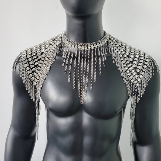 Burning Man Silver Rhinestone Shoulder Chain Armor, Rave Bodychain Fringe Harness, Festival Outfit