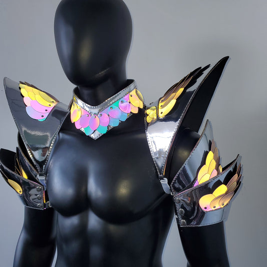 Burning Man Holographic Rave Silver Edge Reflective Dragon Scale Arm & Shoulder Piece Armor EDM Festival Outfit