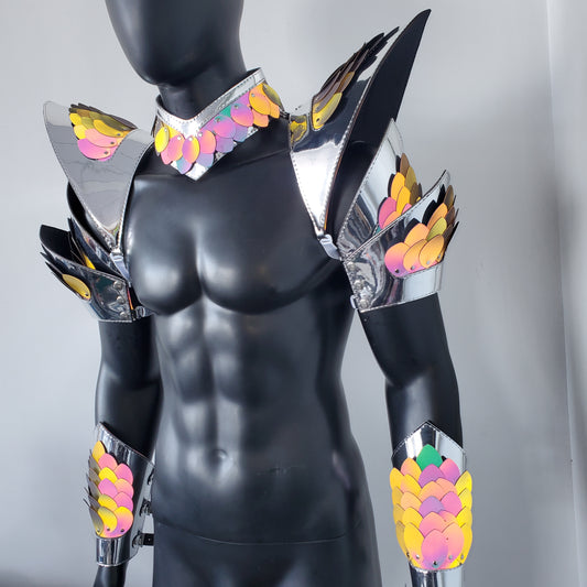 Burning Man Holographic Silver Edge Reflective Dragon Scale Armor,Rave Carnival Festival Costumes Armor Outfits