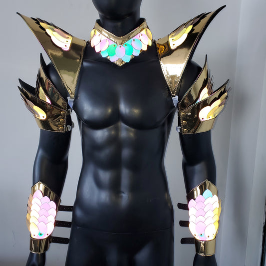 Burning Man Holographic Gold Edge Reflective Dragon Scale Armor,Rave Carnival Festival Costumes Armor Outfits