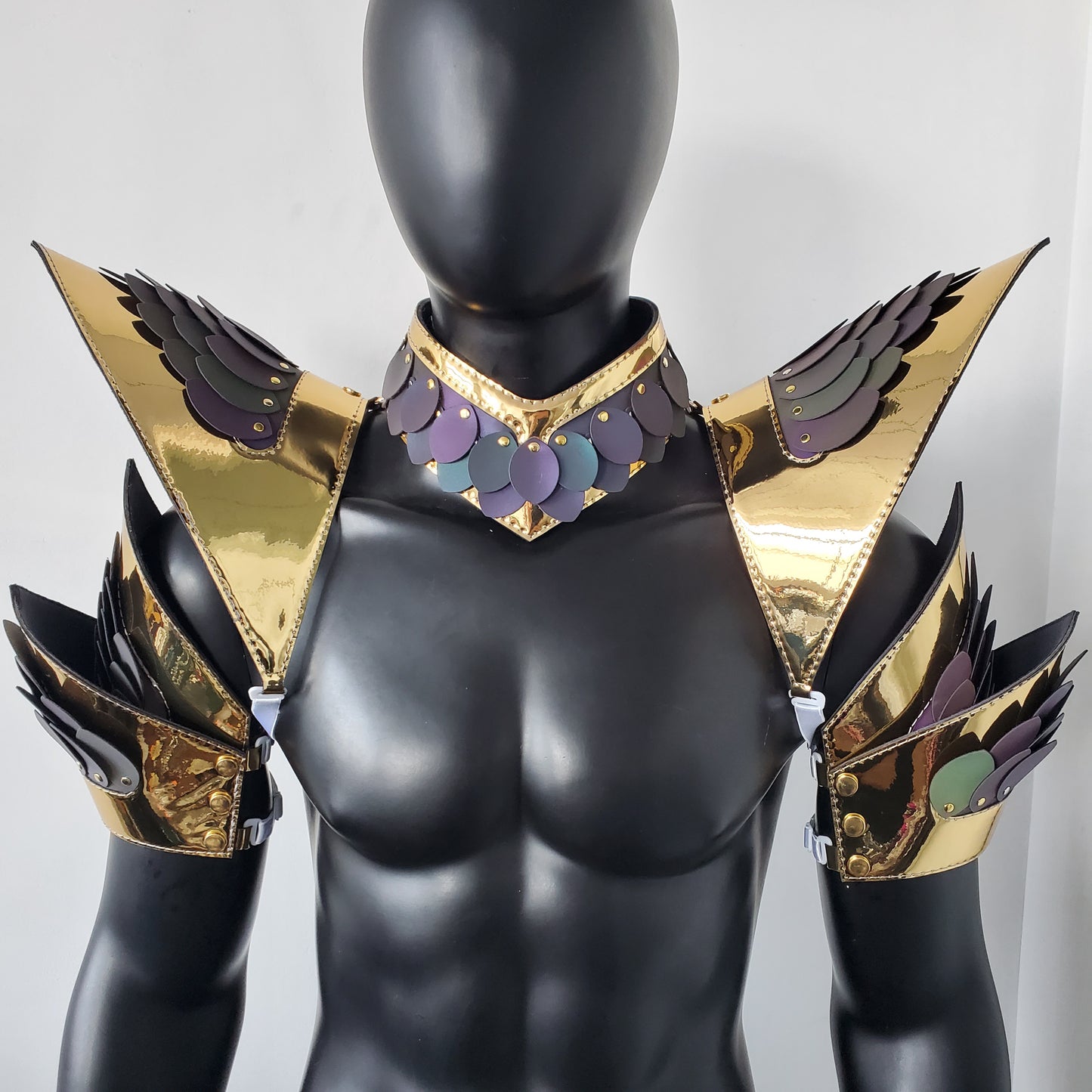 Burning Man Holographic Rave Gold Edge Reflective Dragon Scale Arm & Shoulder Piece Armor EDM Festival Outfit