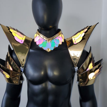 Burning Man Holographic Rave Gold Edge Reflective Dragon Scale Arm & Shoulder Piece Armor EDM Festival Outfit