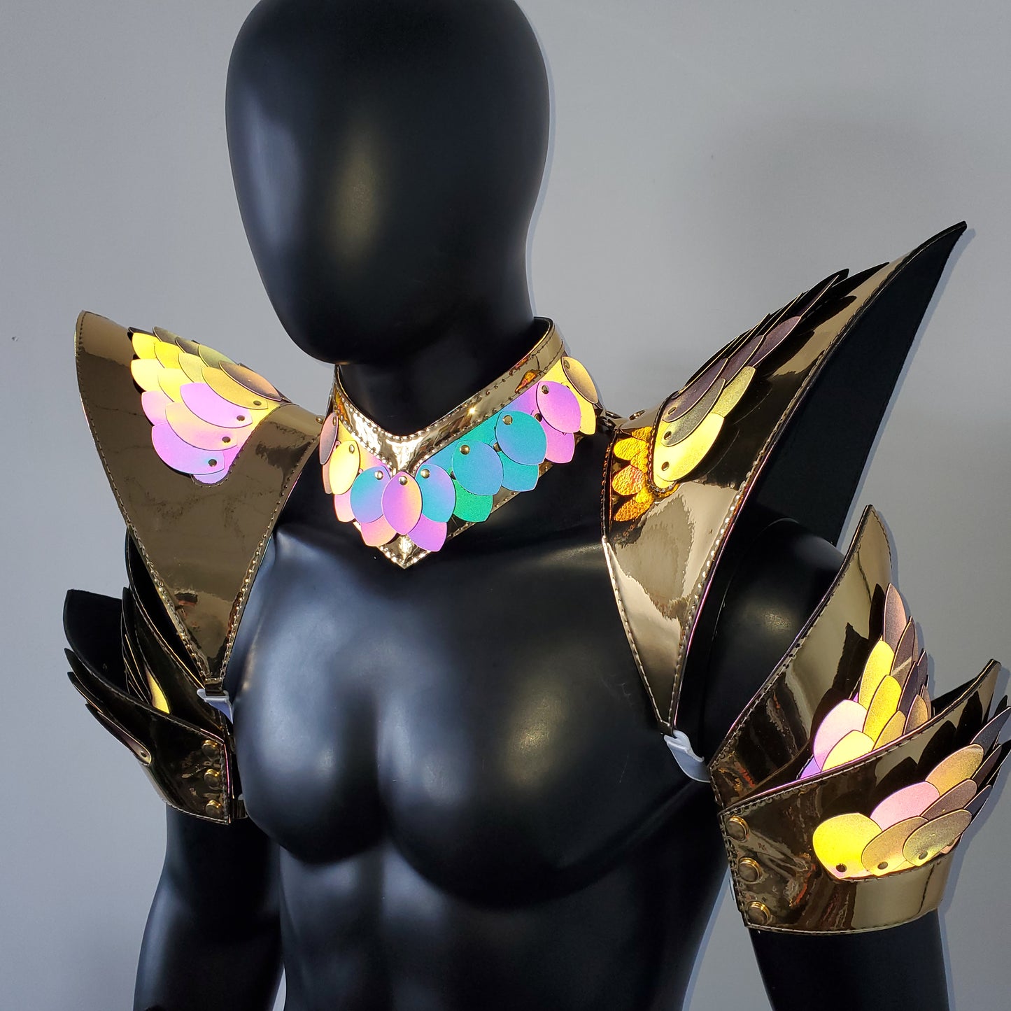 Burning Man Holographic Rave Gold Edge Reflective Dragon Scale Arm & Shoulder Piece Armor EDM Festival Outfit