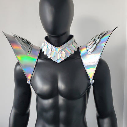 Burning Man Holographic Laser Silver Dragon Scale Armor, Rave Shoulder Piece Armor EDM Festival Outfit