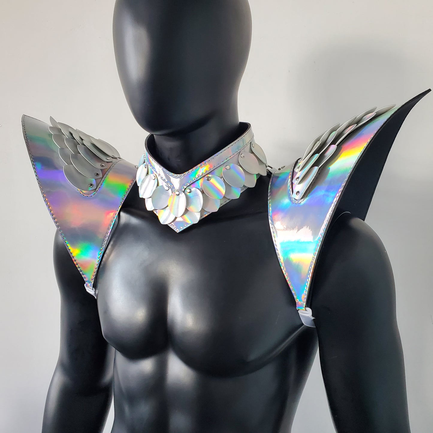 Burning Man Holographic Laser Silver Dragon Scale Armor, Rave Shoulder Piece Armor EDM Festival Outfit